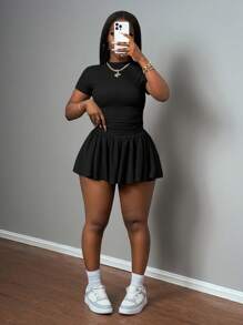 Slaydiva Nuevo conjunto casual de 2 piezas de estilo primavera y verano: Camiseta básica de cuello redondo, manga corta y con pliegues a ambos lados + Falda-paraguas con vuelo, corta por ambos lados, de largo medio, en tejido de punto acanalado gris claro