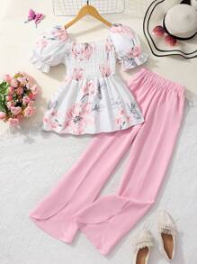 少女优雅花卉印花短袖长裤套装，春夏