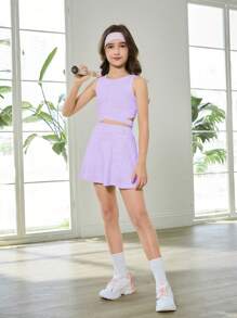 SHEIN Tween 女童白色纯色休闲舒适百搭服装，时尚学院风适合春夏季运动、跑步、户外活动，优雅高腰设计凸显身材，适合青春期前儿童 - 紫色 - 查看 7