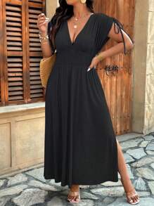 SHEIN LUNE Plus Size Soft Knit Adjustable Shoulder Line Romper With Short Sleeves, Drawstring Waist, Side Slit, V-Neck, Casual For Outing & Holiday - Black - View 3