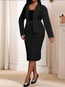 Fleurora  2pcs Plus Size Set, Short Sleeve V-Neck Top & Skirt, Casual & Stylish For Everyday Wear Valentine's Day New Years Women Outfit Wedding Guest Dress Women Sets For Women Valentines Clothes,Valentine's Day For Valentine's Day - Black - View 3