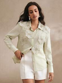 Anewsta Women's Collared Long Sleeve Shirt With 3D Rhinestone Embroidery, Transparent Sensual Fashionable Modest, Spring For Women - Mint Green - View 6