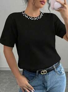 Arcane Artistry Plus Size Women Round Neck Short Sleeve T-Shirt With Faux Pearl And Patchwork Trim - Black - View 4
