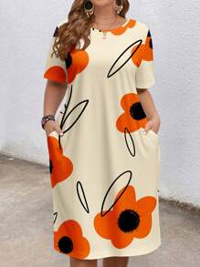Mellowie Gaun Musim Panas Motif Bunga Blok Warna Ukuran Besar Gaya Boho Cocok untuk Pergi Keluar, Gaun Chic - Jeruk - View 4