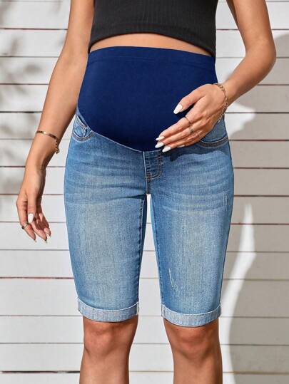 SHEIN Adjustable Waist Pregnant Women's Casual Fashion Tight Fitting Denim Shorts