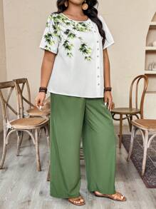 EMERY ROSE 2025 New Plant Pattern Asymmetric Button Decor Casual Loose Plus Size Women's Set - Green - View 6