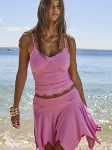 Aralina 平纹蕾丝边蝴蝶结吊带修身性感吊带背心 - 玫紅色 - 查看 8