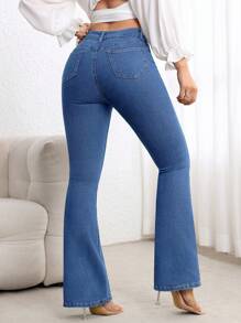 Flexra Women's Casual Versatile Slanted Pocket Flare Leg Jeans - Medium Wash - View 2