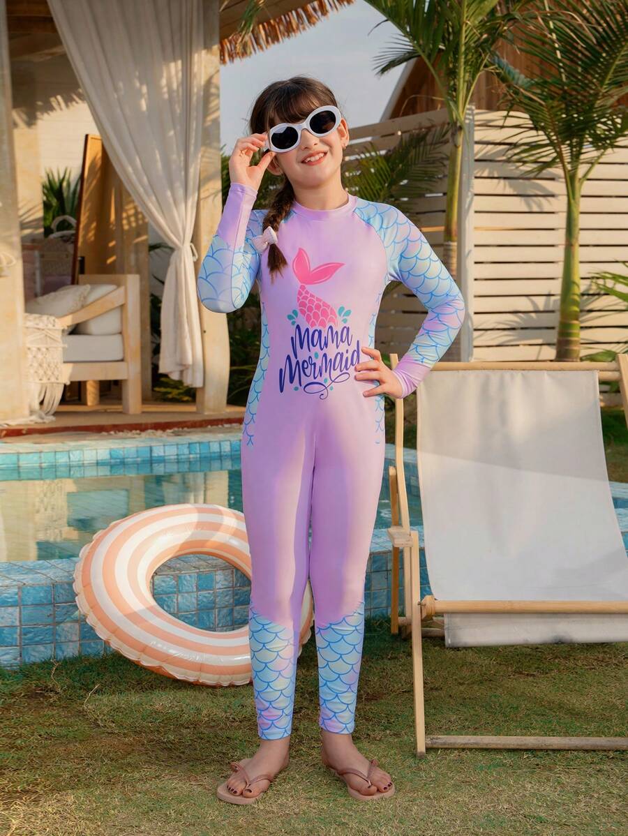 女童连体泳衣，卡通美人鱼尾巴，数码印花，紫色鱼鳞印花，长袖长裤，连体泳衣，适合参加海滩泳池派对 - 紫色 - 查看 1