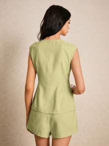 Poéselle 女士衬衫 亚麻衬衫 上衣 纽扣门襟 女士无袖纯色背心和短裤 休闲运动，简约时尚 波西米亚风 夏季女士上衣 商务休闲 女士西装 女士夏季女士上衣 夏季女士衬衫 办公室女士 夏季衬衫 纽扣女士波西米亚风 - 綠色 - 查看 5