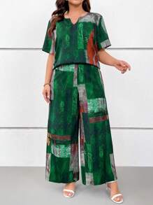 SHEIN LUNE 大码女式复古渐变色印花度假睡衣套装，含短款 V 领上衣和长裤，春夏