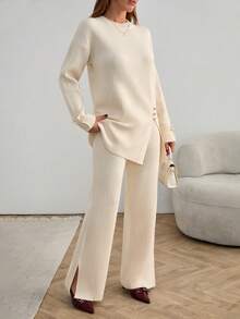 EURMUSE Women Solid Color Rib Knit Round Neck Button Detailed Pullover & Sweater Pants Knit Two Piece Set,Winter Clothes - Beige - View 6