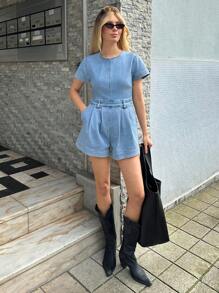Forever 21 Women's Spring Casual Minimalist Denim Overalls A-Line Cargo Jumpsuit - Light Wash - View 3