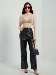 SHEIN Tall 女款純色長袖立領透視性感上衣 - 杏色 - 查看 3
