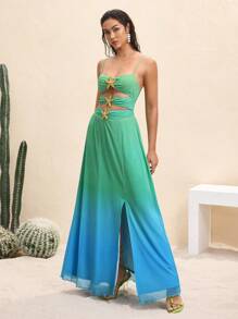 BY FELIZIA Blue-Green Gradient Printed Mesh Metal Gold Heart Hollow Backless Maxi Dress, Suitable For Vacation And Festivals, Boho Vacation Sundress Beach Dresses For Women Beach Formal Dress Women Dresses Beach Vacation Dresses Summer Dresses - Multicolor - View 6
