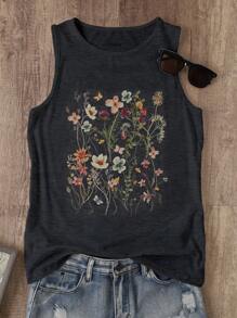INAWLY Plus Size Vintage Floral Print Sleeveless Top, Summer Casual