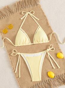 SHEIN Swim 2 件套新款女士夏季海滩度假蕾丝拼布三角系领比基尼泳装套装，派对泳装 - 杏色 - 查看 1