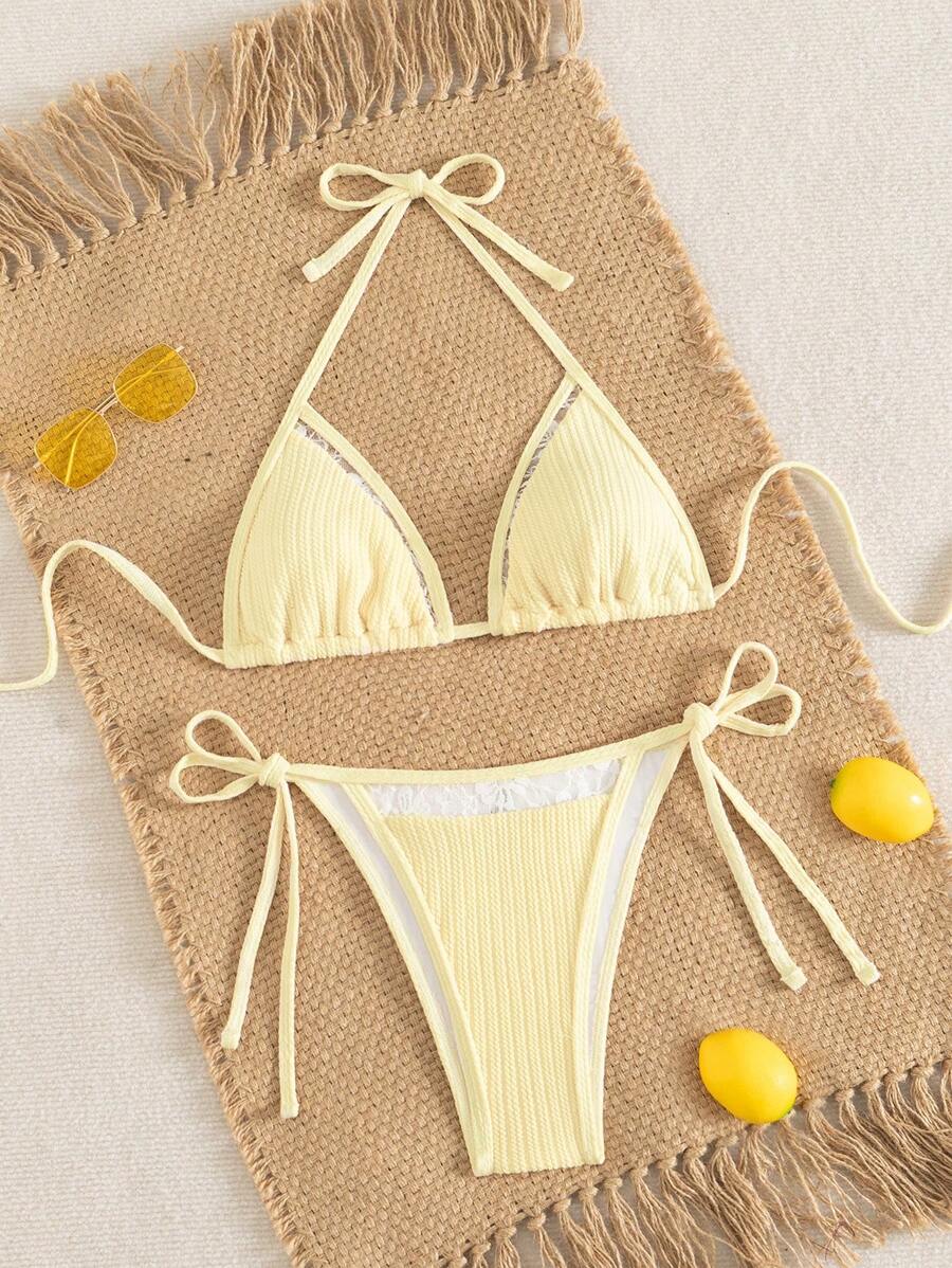 SHEIN Swim 2 件套新款女士夏季海滩度假蕾丝拼布三角系领比基尼泳装套装,派对泳装 - 杏色 - 查看 1