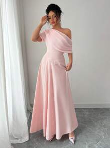 Rafferiza 女士优雅不对称肩短袖雪纺拼接 A 字连衣裙 - 粉色 - 查看 7