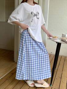 DAZY 2pcs Bow Printed Loose Short Sleeve Plaid Shorts Set, Women Summer Pajamas - White - View 3