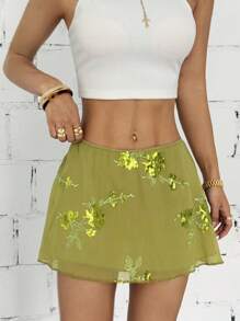 SHEIN PETITE Váy ngắn màu xanh lá cây thêu lưới gợi cảm & thanh lịch kiểu Trung Hoa mới cho nữ - màu xanh lá - Xem 3