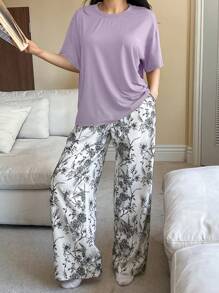 DAZY 2pcs Women Loose Fit Printed Short Sleeve Pajama Set - Purple - View 3