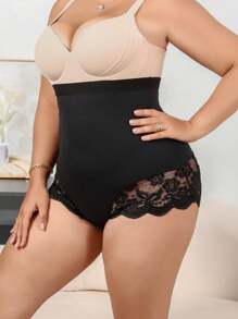 SHEIN Plus Size Women Lace Splice Shaping Tummy Control Pants - Black - View 7