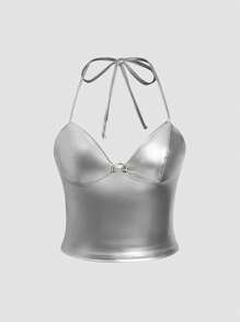 EgrlEra 女士性感 PU 皮革吊带背心上衣，带金属扣和露背领口 Y2K 圣诞节派对礼服 - 銀色 - 查看 1