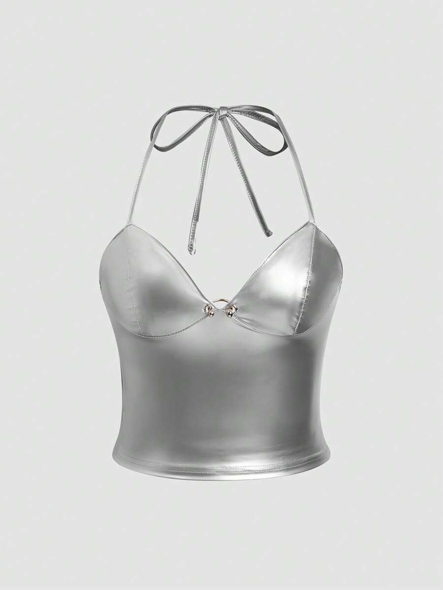 EgrlEra 女士性感 PU 皮革吊带背心上衣，带金属扣和露背领口 Y2K 圣诞节派对礼服 - 銀色 - 查看 1