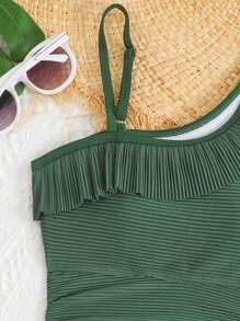 SHEIN 1pc Tween Girl One-Piece Swimsuit, Striped Fabric Flare Design Green Zipper Easy-To-Wear Children One-Piece Swimwear, Fashion Casual Elegant Ladylike Suitable For Swimming, Vacation, Summer. One-Piece Summer Swimsuit, Olive Green Color, Elegant, Adjustable Strap, Ruffle Trim, Hollow-Out Side & Back Tween Summer Cloths Tween Summer Clothes Girls Tween Kid Girl Clothes Tween Girl Clothes 14y - Olive Green - View 5