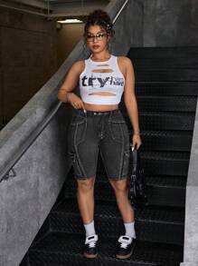 SHEIN ICON Plus Size Summer Casual Distressed Skinny Denim Shorts - Black - View 4