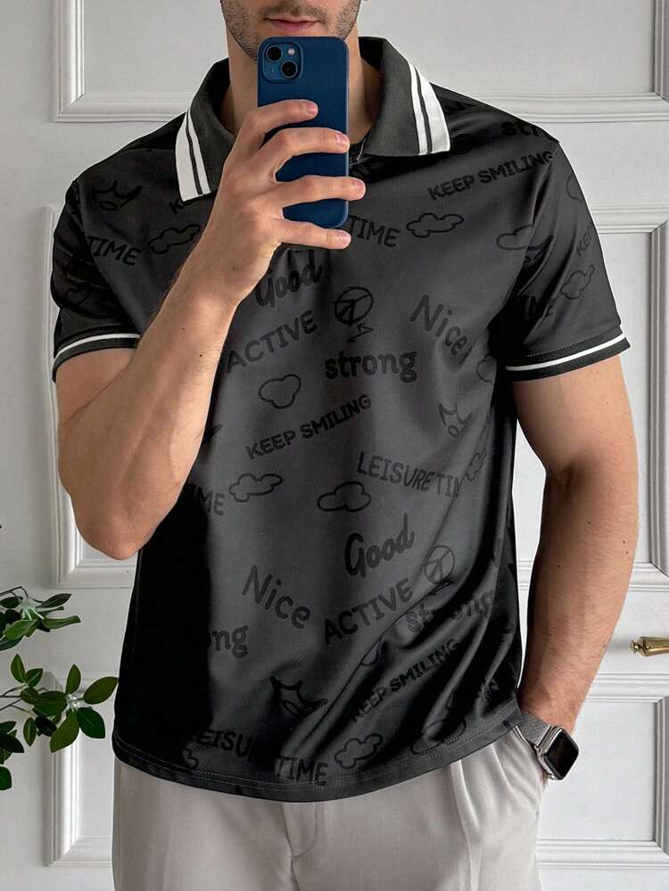 Summer Letter & Geometric Print Color Block Men's Polo Shirt