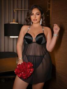 2pcs Mesh Plus Size Sexy Lingerie Slip Dress, Minimalist & Fashion, Suitable For Summer - Black - View 3