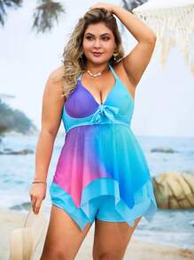 Swim Lushoire 2pcs Plus Size Women Tie-Dye Tie Dye Print Tankini Swimwear Set, Front Double-Layer Mesh, Suitable For Beach & Resort For Summer Beach Vacation - Baby Blue - View 4