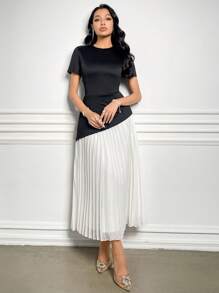 Modelyn Elegant Women's Black And White Contrast Color Long Dress With Short Sleeves, Round Neck, And Asymmetrical Pleated Hem - Black and White - View 7