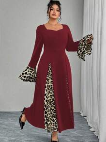 Modelyn Vestido talla grande con estampado de leopardo, contrastes de color y volantes en los puños - Rojo - Ver 6