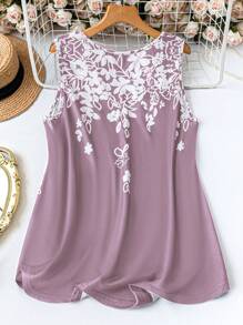 加大花卉印花背心 适合夏季图案 T 恤 女式上衣