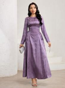 Veilorie Damen Blumen Jacquard Rundhals Langarm Kleid mit Bindung an der Taille, elegant