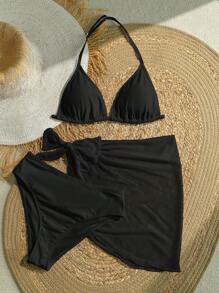 SHEIN 少女三件套黑色泳衣比基尼套装，休闲海滩度假 - 黑色 - 查看 5