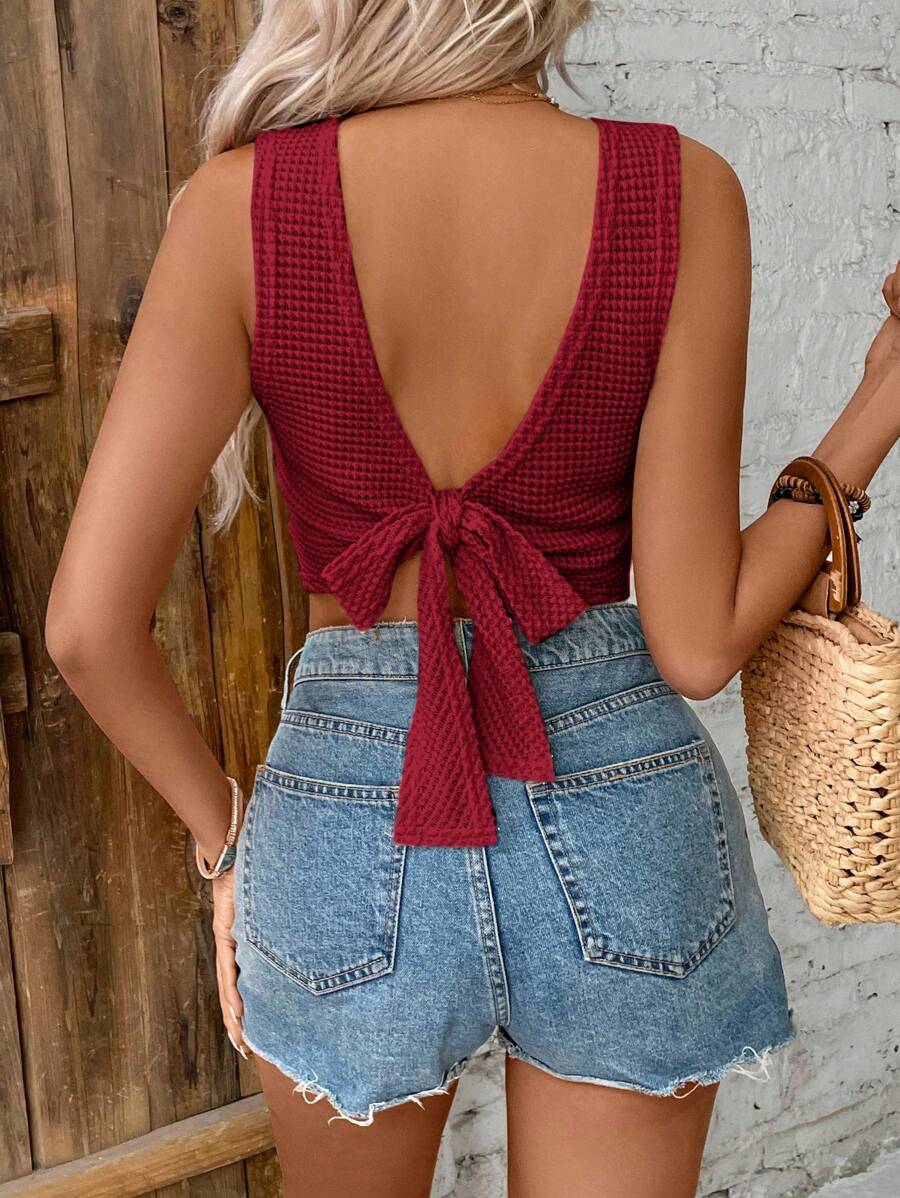 SHEIN Frenchy Women's Vacation Solid Color Back Tie Crop Tank Top Summer Christmas Burgundy Casual Red - Burgundy - View 1