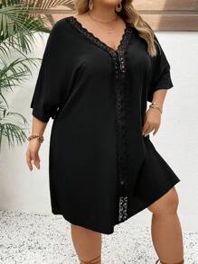 SHEIN CURVE+ Đầm che tay cánh dơi phối ren Guipure cỡ lớn phong cách Boho Holiday - màu đen - Xem 8