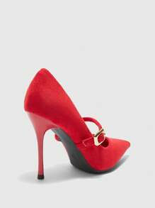 CUCCOO BIZCHIC Women's Fashionable Elegant Simple Solid Color Pointed Toe Back Open High Heel Pumps - Red - View 8