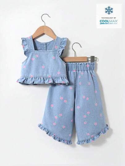 Denimly Young Girls Vintage Vacation Casual Urban Style Colorful Floral Print Denim Camisole With Ruffle Trim & Floral Print Denim 7/8 Pants With Elastic Waistband And Asymmetrical Ruffle Trim