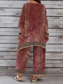 EMERY ROSE 2pcs Plus Size Casual Retro Printed Set, Suitable For Spring And Autumn - Multicolor - View 2