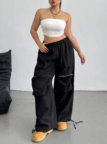 POPSWAY Pantaloni cargo dritti neri casual con tasche con zip, taglie comode per donne
