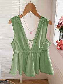 Áo hai dây cổ chữ V sâu thêu ren ngọt ngào và thon gọn mùa hè mới - Màu xanh Bạc hà - Xem 3