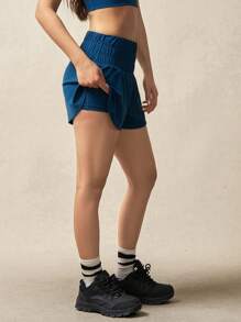 VARSITIE Women's Blue Ruched Knitted Fabric Workout Shorts: Comfortable And Stylish Activewear For Your Fitness Routine