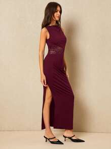 Poéselle Women's Dress Waist Lace Stitching Waist Pleat Design Women Contrast Lace Sleeveless Bodycon Side Slit Dress Women Dresses Summer Women Outfit Sundress Summer Women Dresses Summer Dress Black Women Dresses Beach Women Dresses Summer Clothes Long Dress Y2k Spring Women Dresses Spring Women Outfits Festival Outfits Spring Dress Office Women Outfits Women Clothing Casual Women Dresses Concert Women Outfit