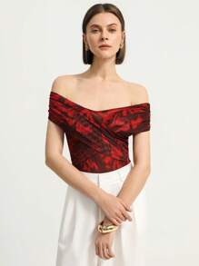GENKIRA Red Ankura Floral Print Random Mesh Wrap Off Shoulder Romantic Elegant High-End Design Waist-Cinched Bodysuit For Women All Over Print  For Summer - Red - View 6