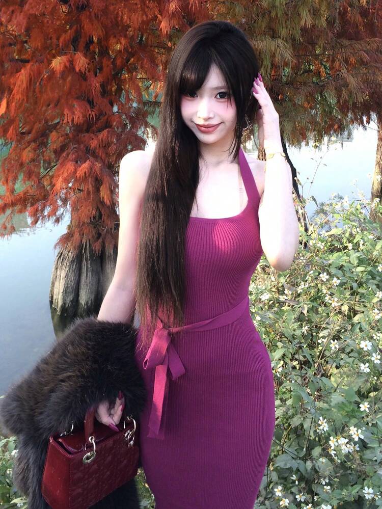 Plus Size Slimming High Slit Halter Neck Sleeveless Bodycon Long Sweater Dress